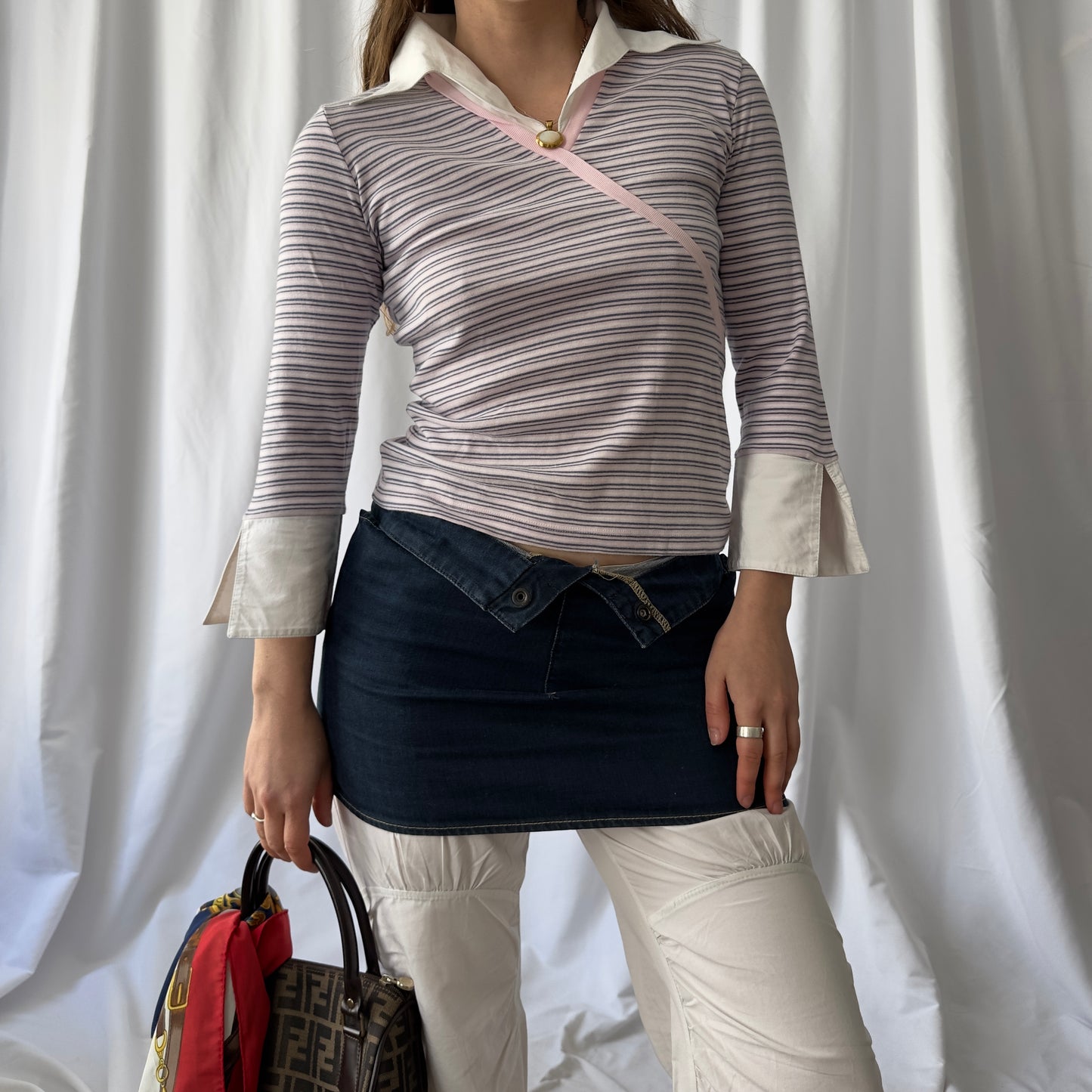 White and pink stripe shirt top