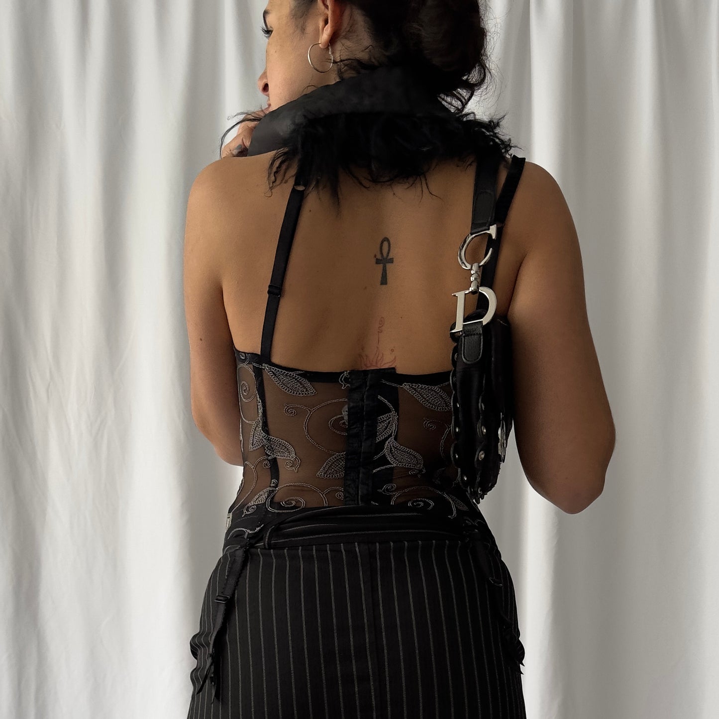 Black boned mesh corset top with embroidery