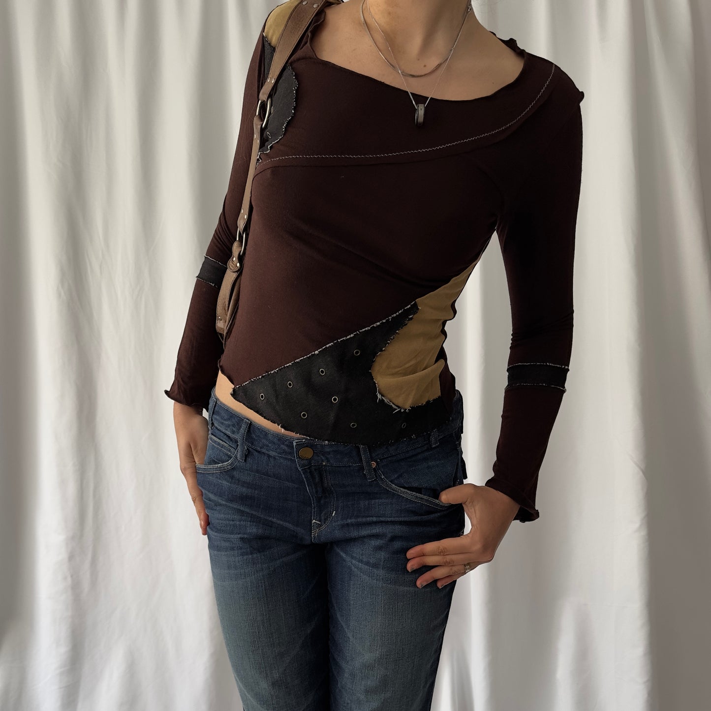 Tonal brown patchwork top