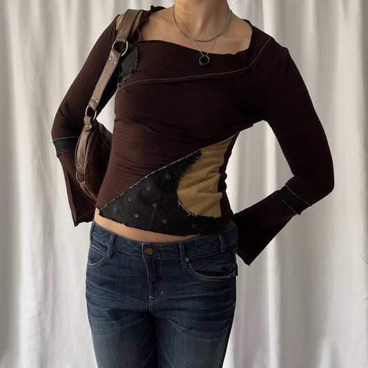 Tonal brown patchwork top