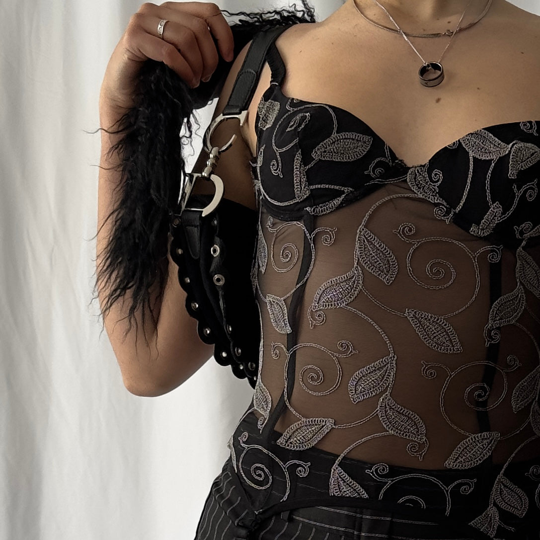 Black boned mesh corset top with embroidery