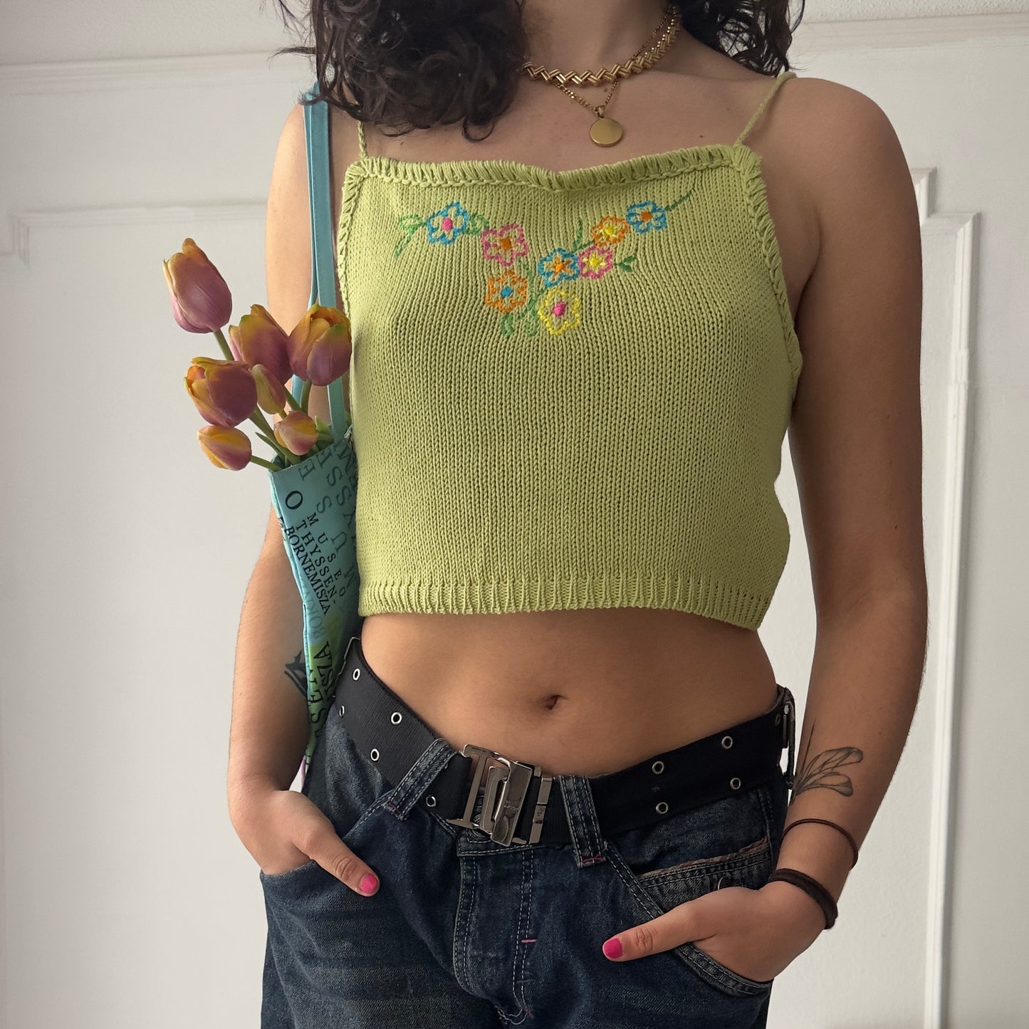 Green knit crop top