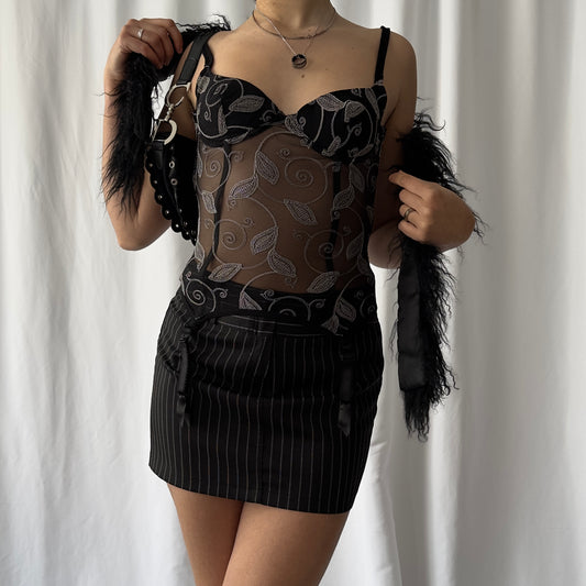 Black boned mesh corset top with embroidery