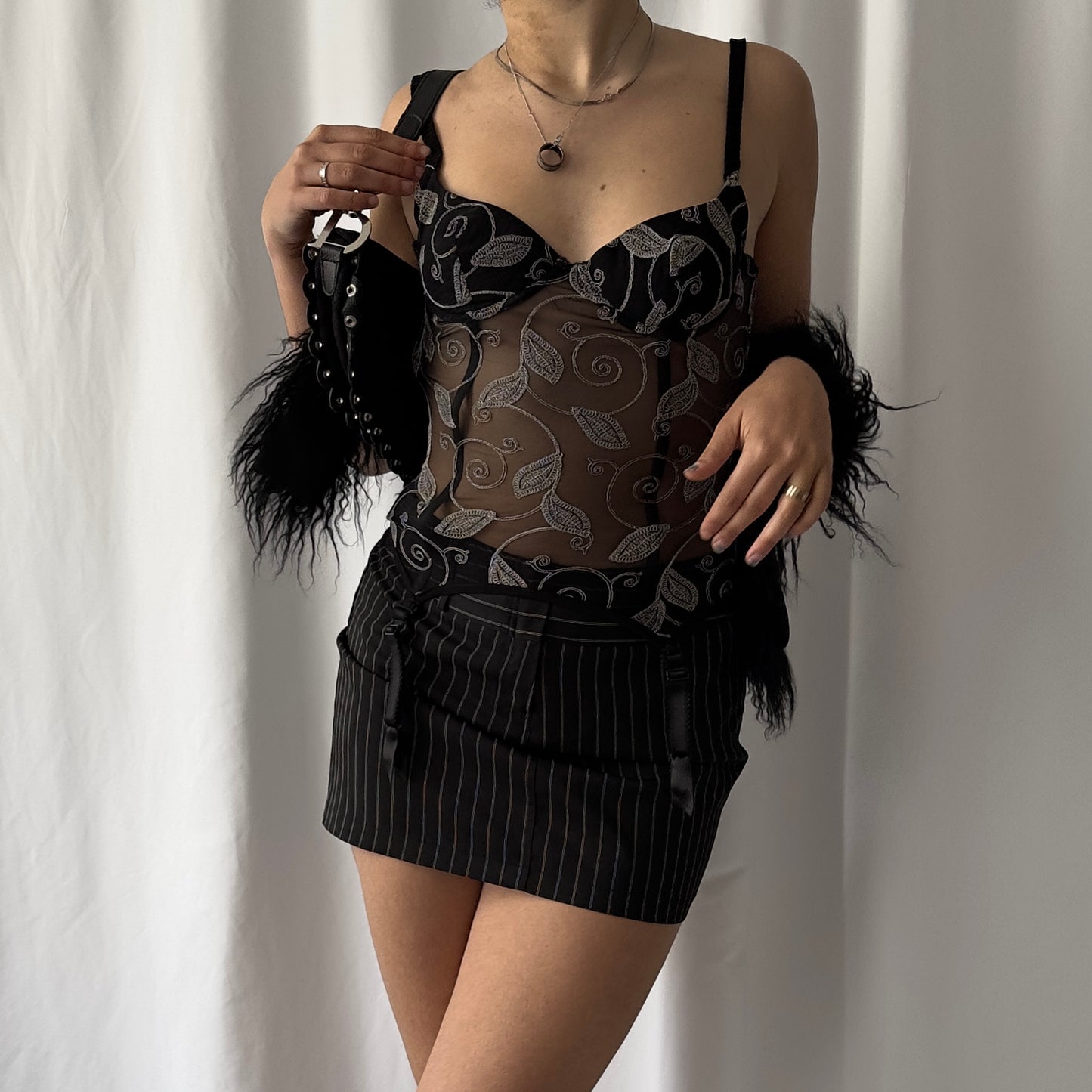 Black boned mesh corset top with embroidery