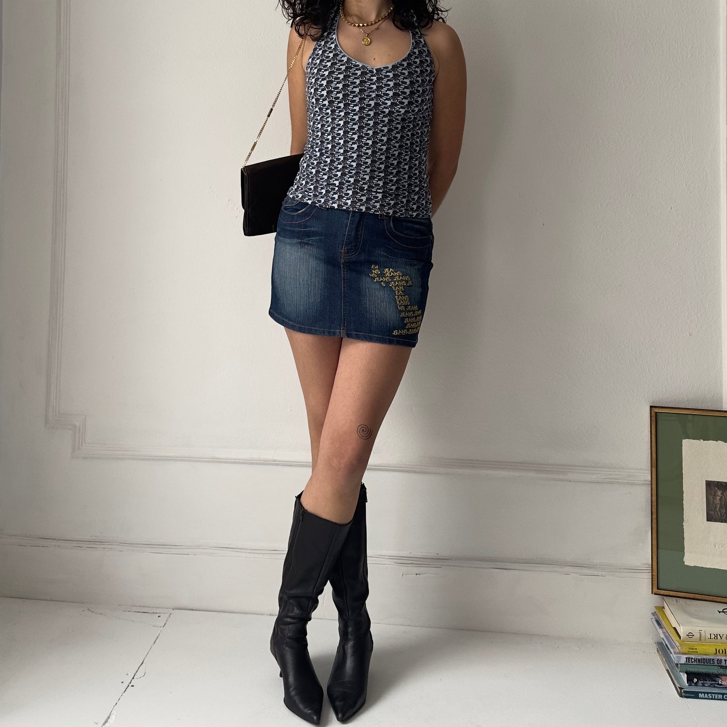 Denim mini skirt with beads