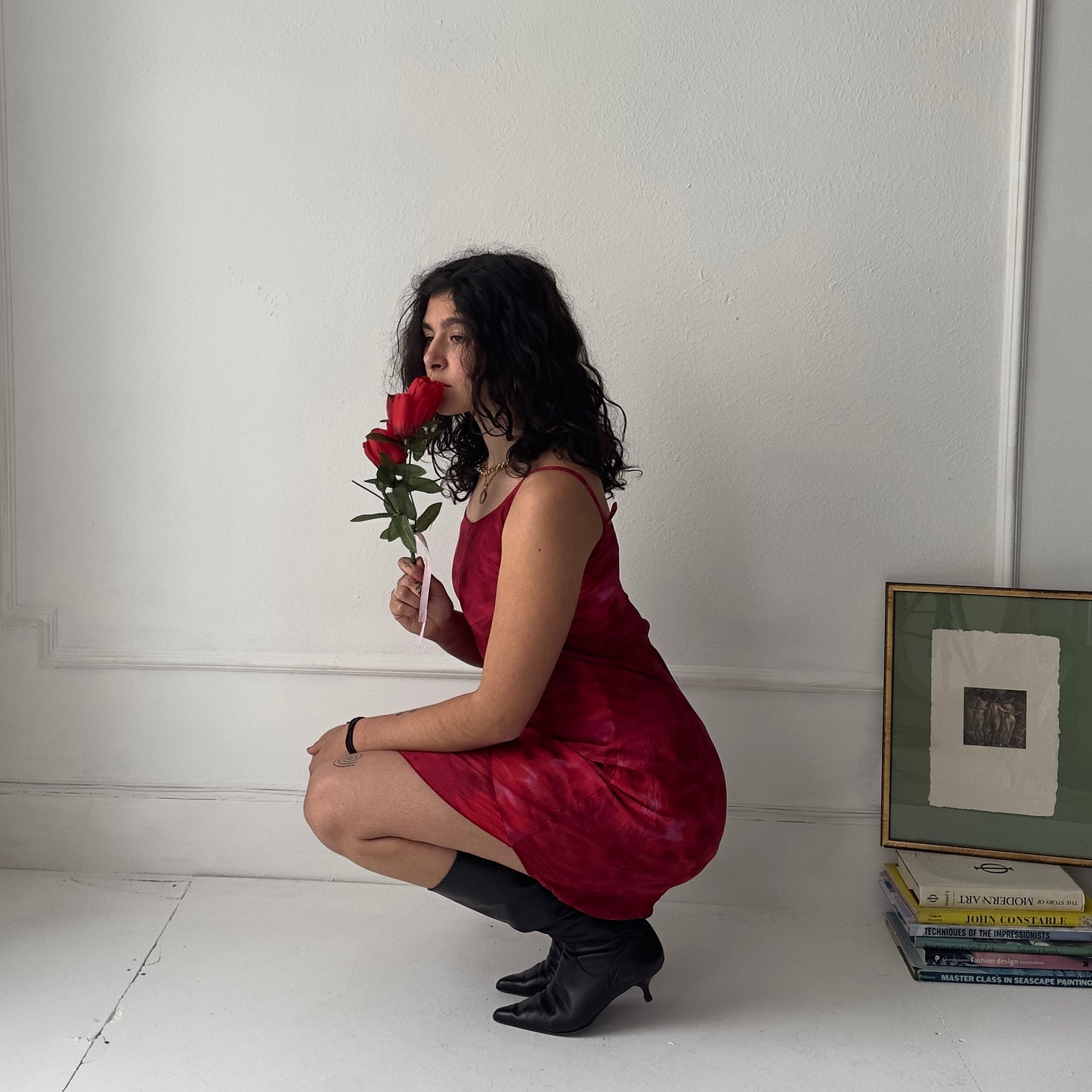 Red chiffon midi dress