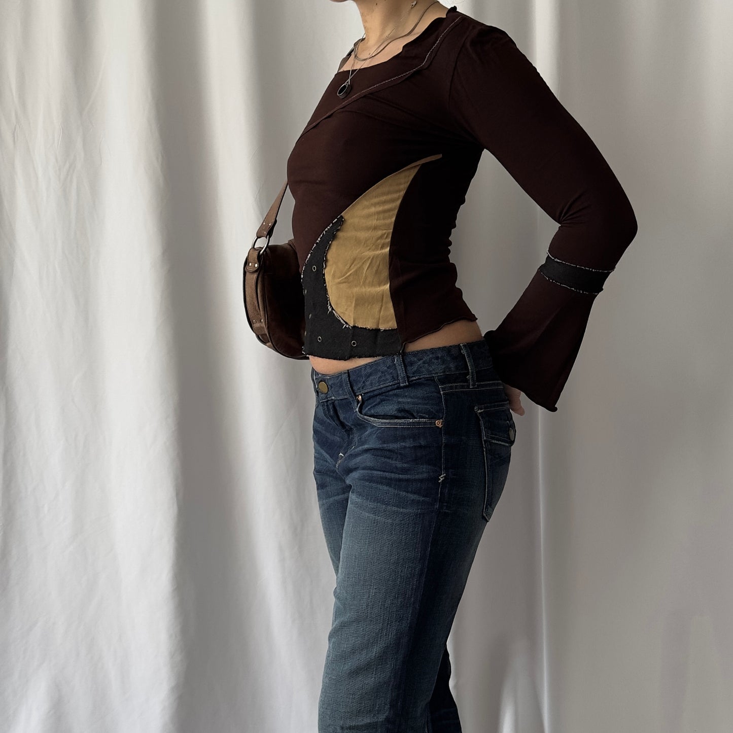 Tonal brown patchwork top