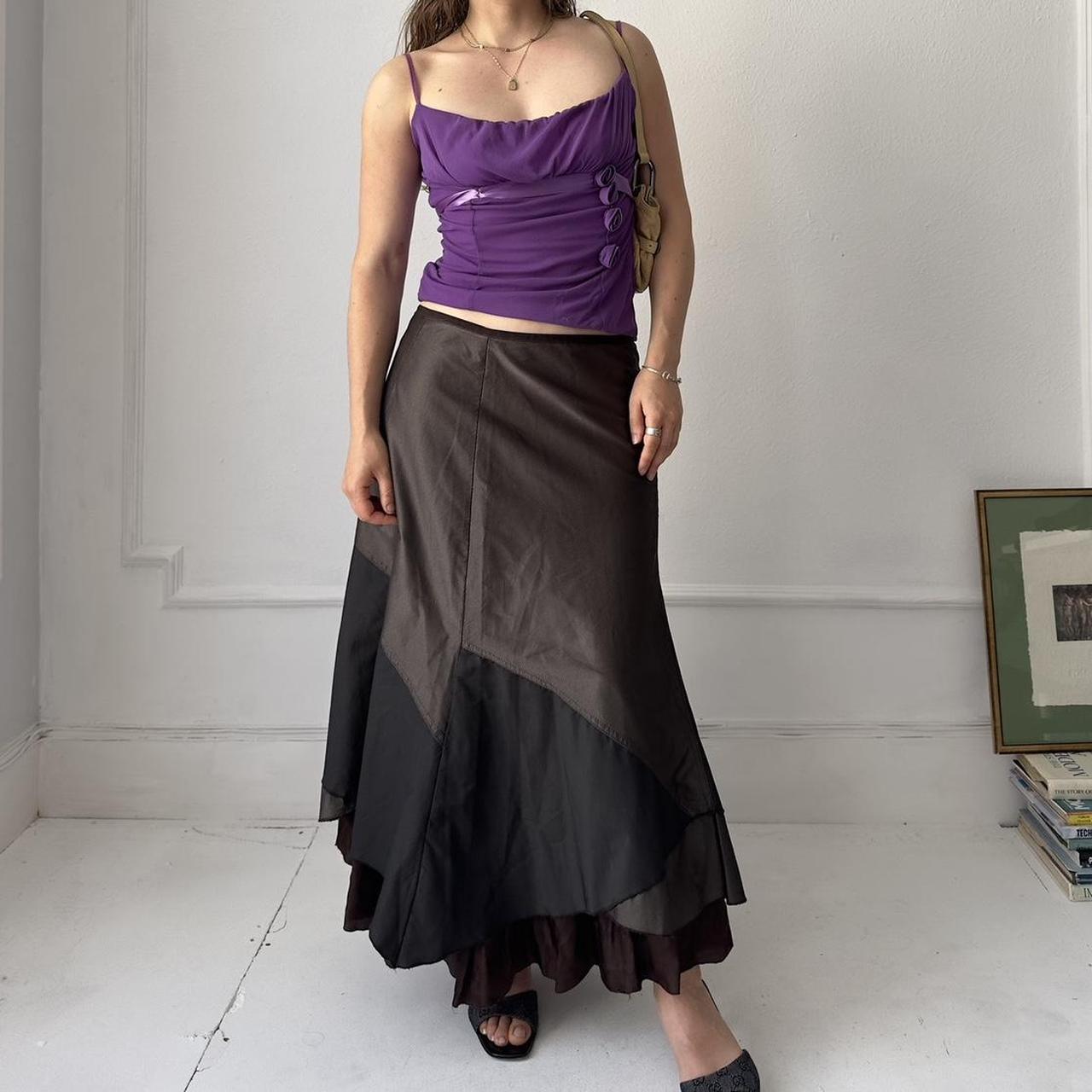 Y2k brown shiny layered tired maxi skirt