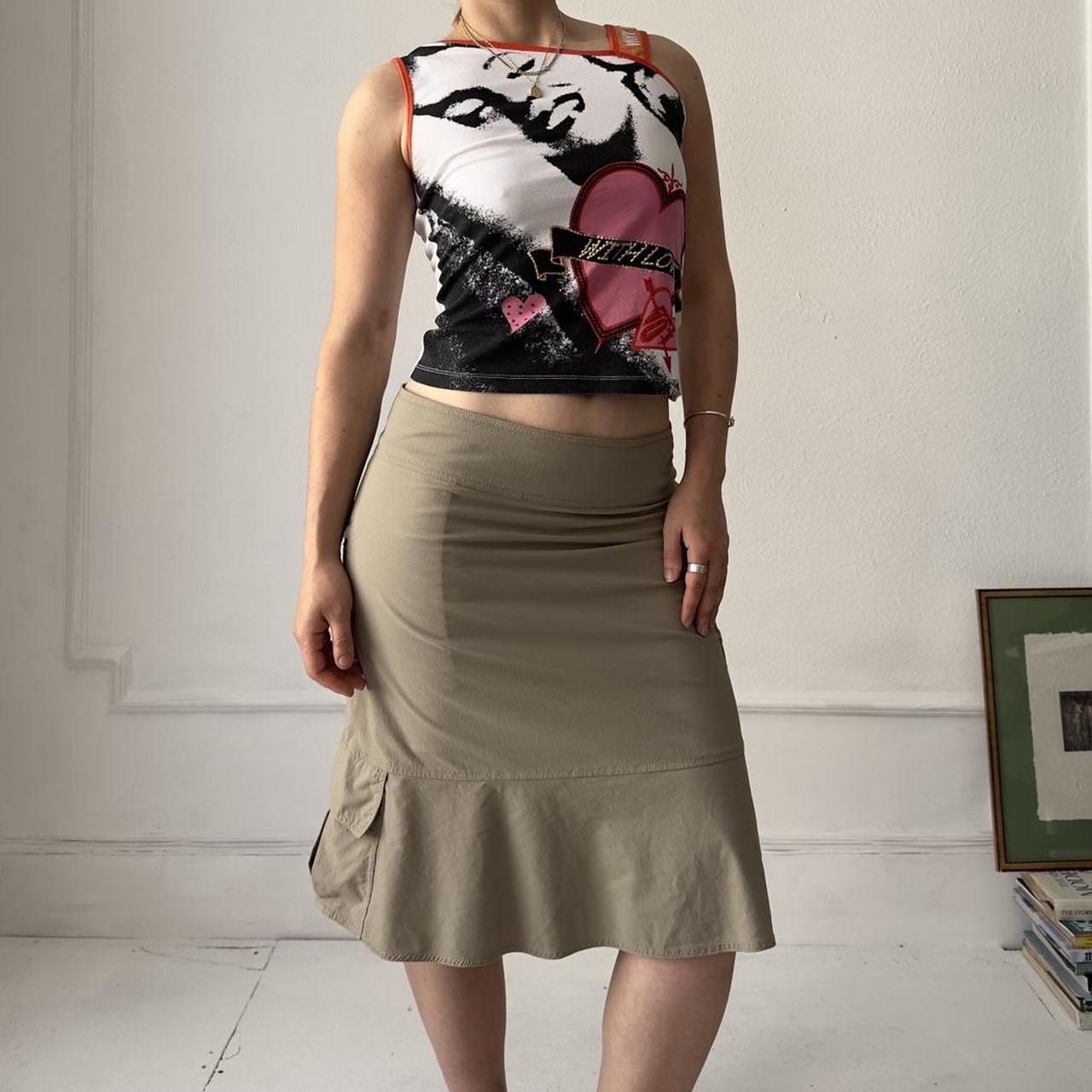 Y2k beige long midi cargo skirt with utility pockets