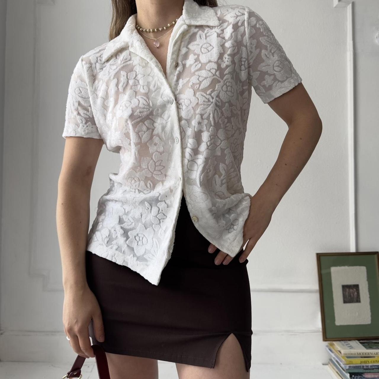 Y2k semi sheer mesh button up shirt with jacquard detailing