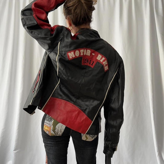 vintage black and red genuine leather biker / racing moto jacket