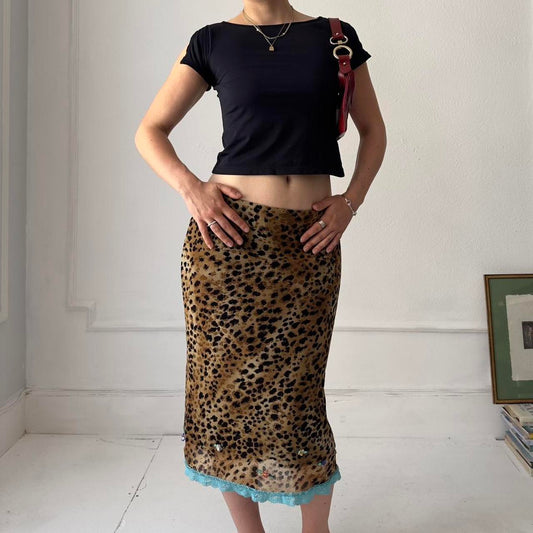 Y2k mesh leopard print midi skirt