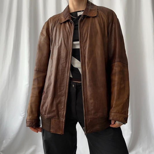vintage 90s  genuine leather zip up bomber jacket