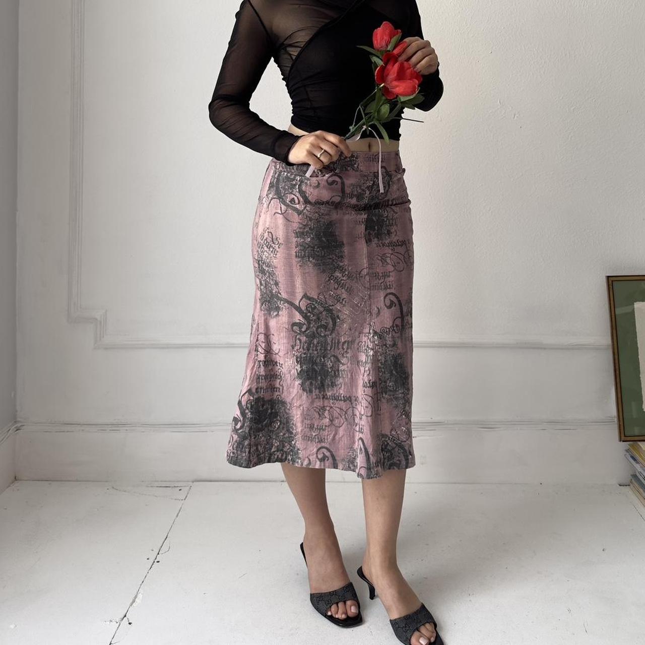 y2k long denim midi skirt with abstract text print