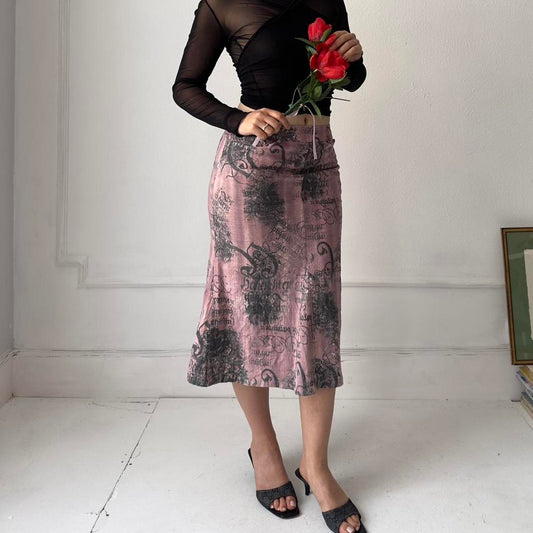 y2k long denim midi skirt with abstract text print