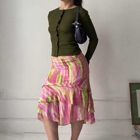 y2k pink and green patterned midi skirt