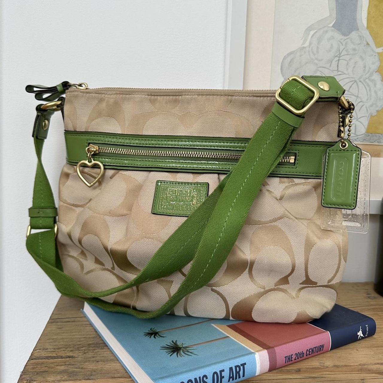 Vintage tan and green Coach monogram crossbody bag with fabric strap and faux leather trims