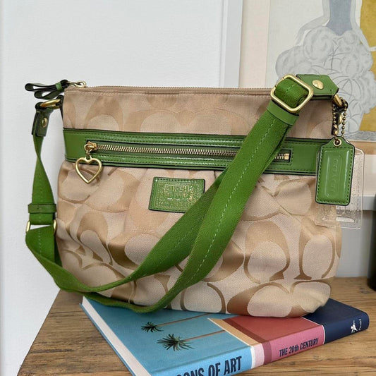 Vintage tan and green Coach monogram crossbody bag with fabric strap and faux leather trims