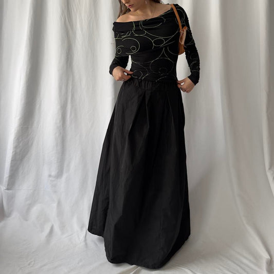 90s black nylon textured maxi skirt