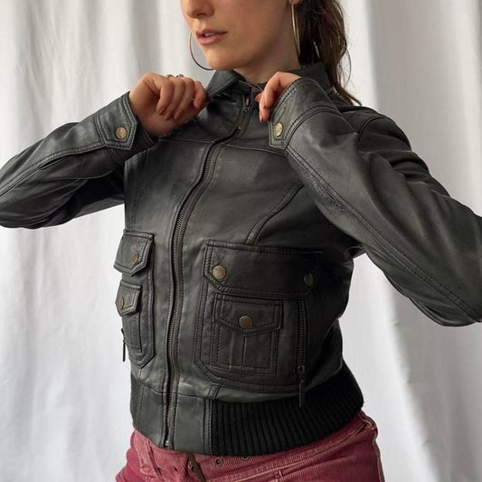 Y2k leather cropped zip up moto jacket