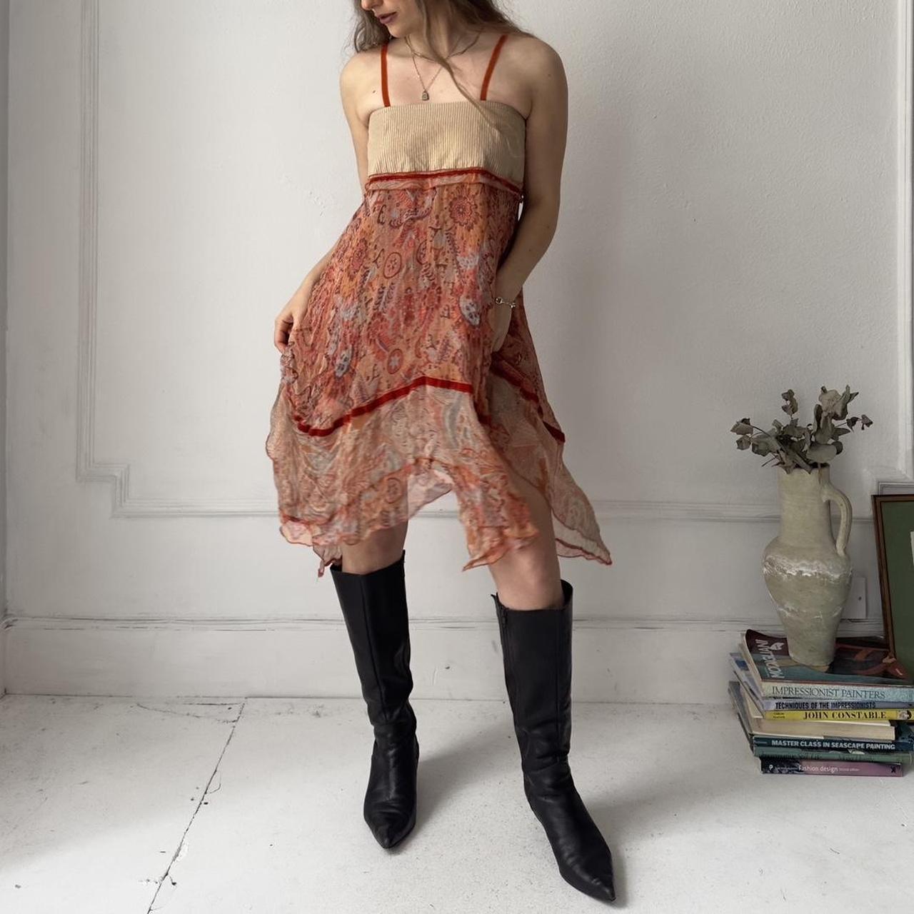 Italian vintage silk orange print dress with jagged hem