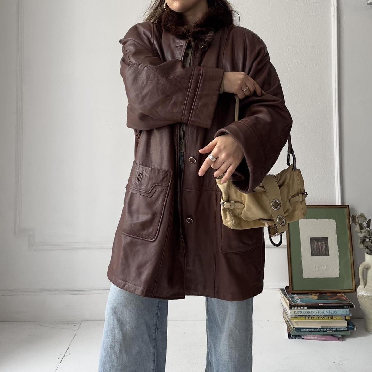 Vintage brown long leather jacket with fur collar