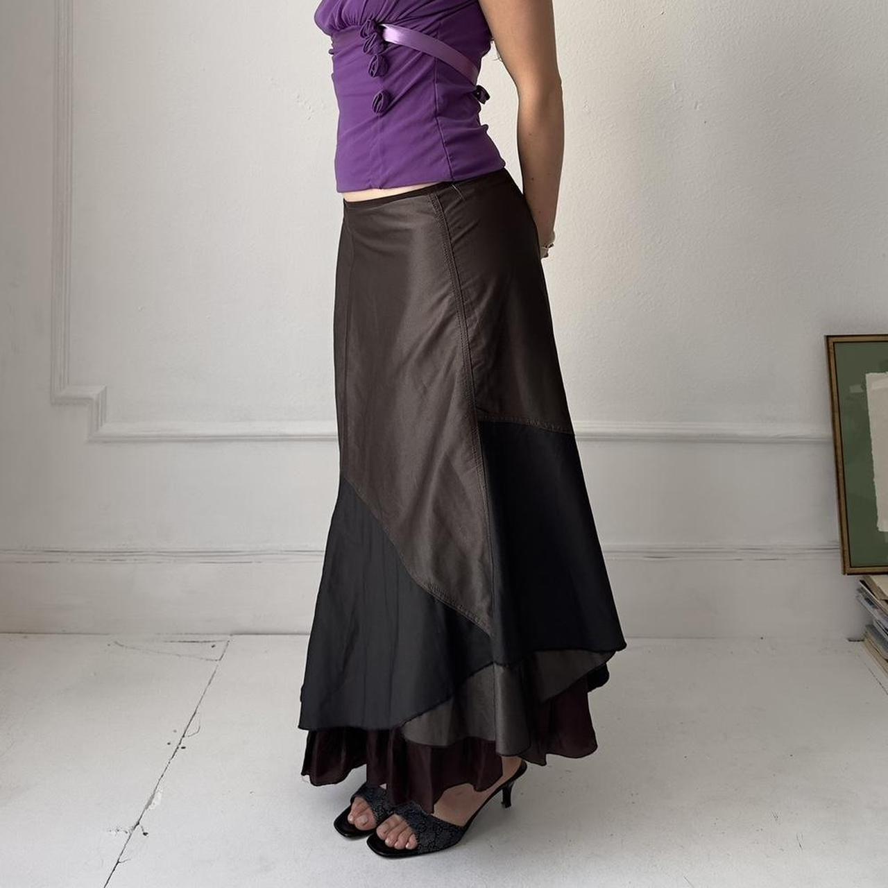 Y2k brown shiny layered tired maxi skirt