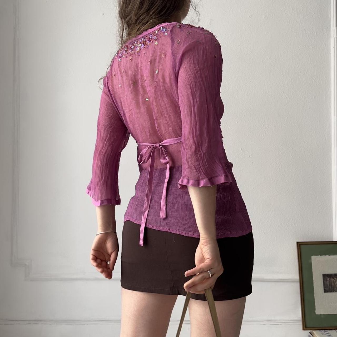 Y2k pink semi sheer silk V-neck top