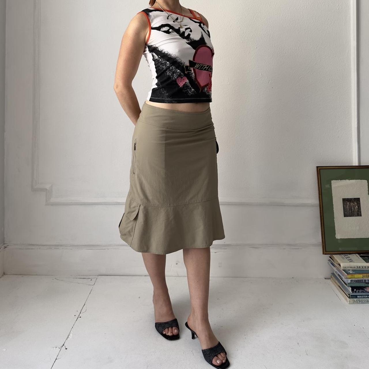 Y2k beige long midi cargo skirt with utility pockets