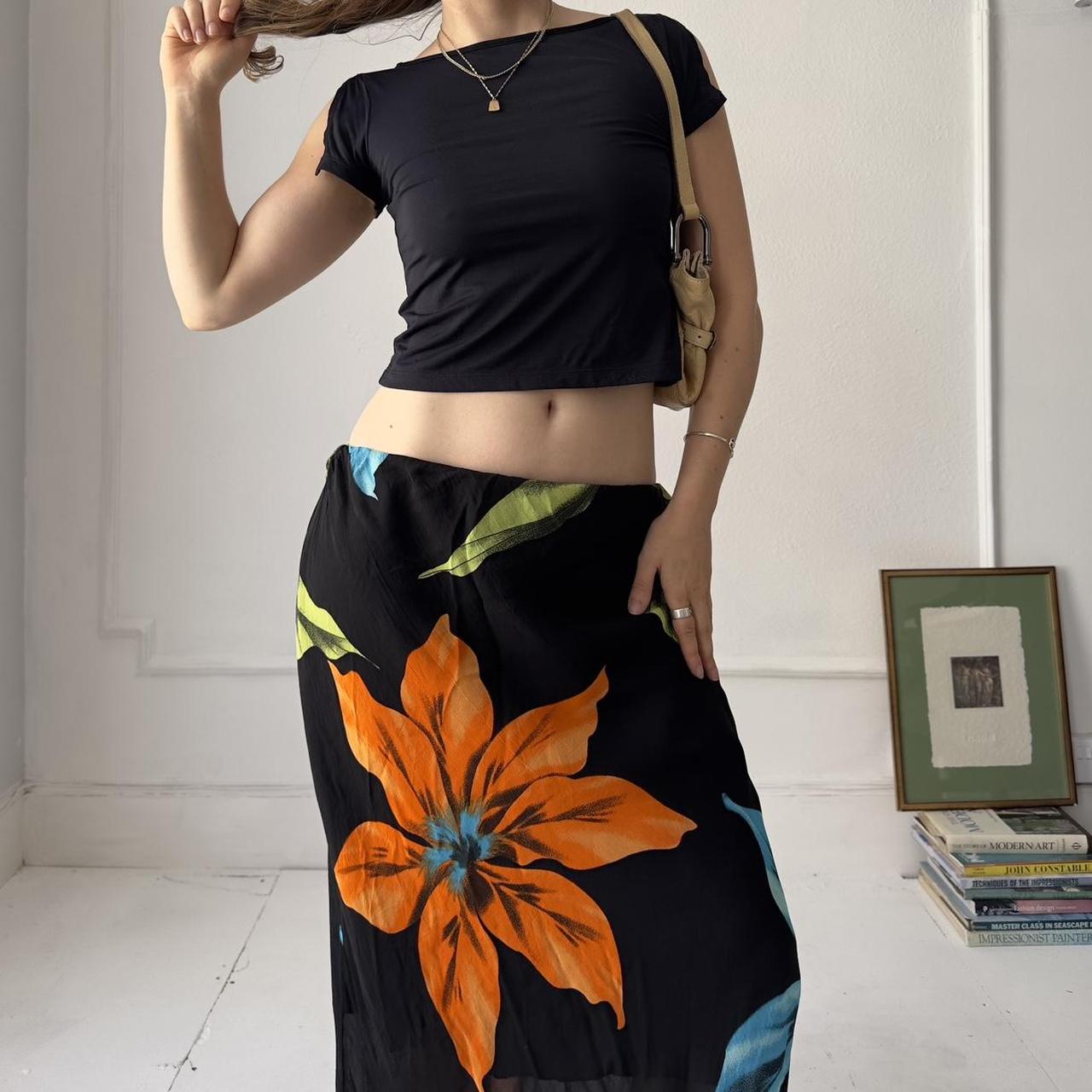 Y2k chiffon overlay tropical orange and blue print maxi skirt