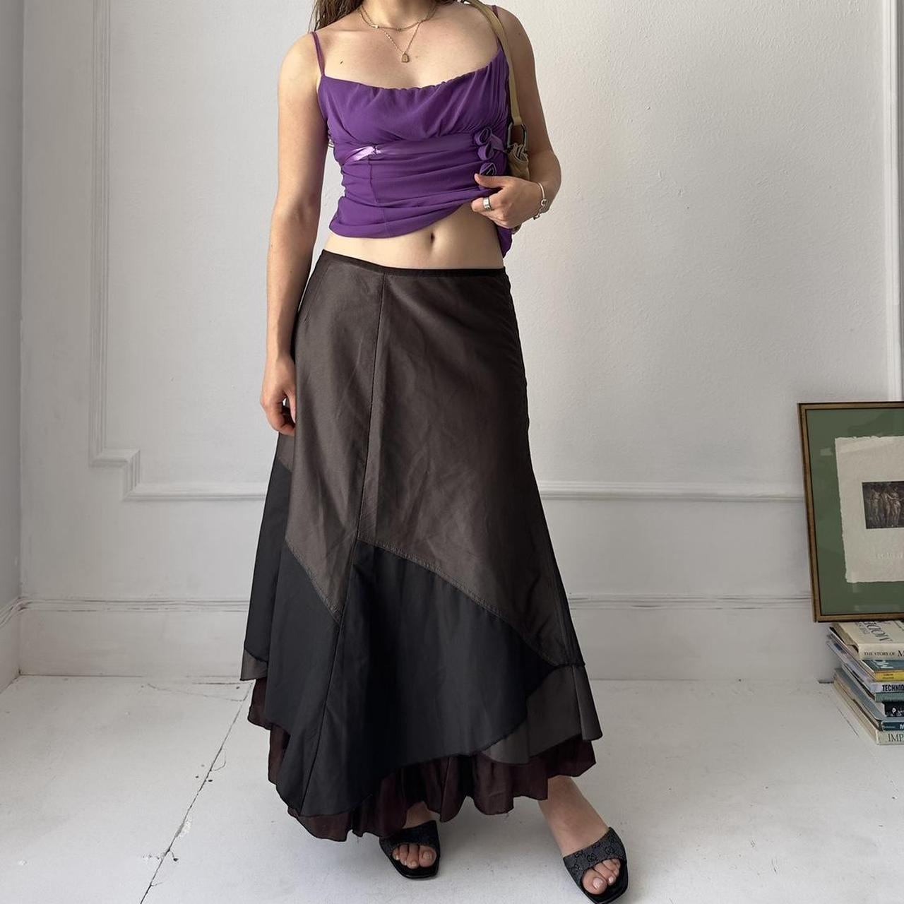 Y2k brown shiny layered tired maxi skirt