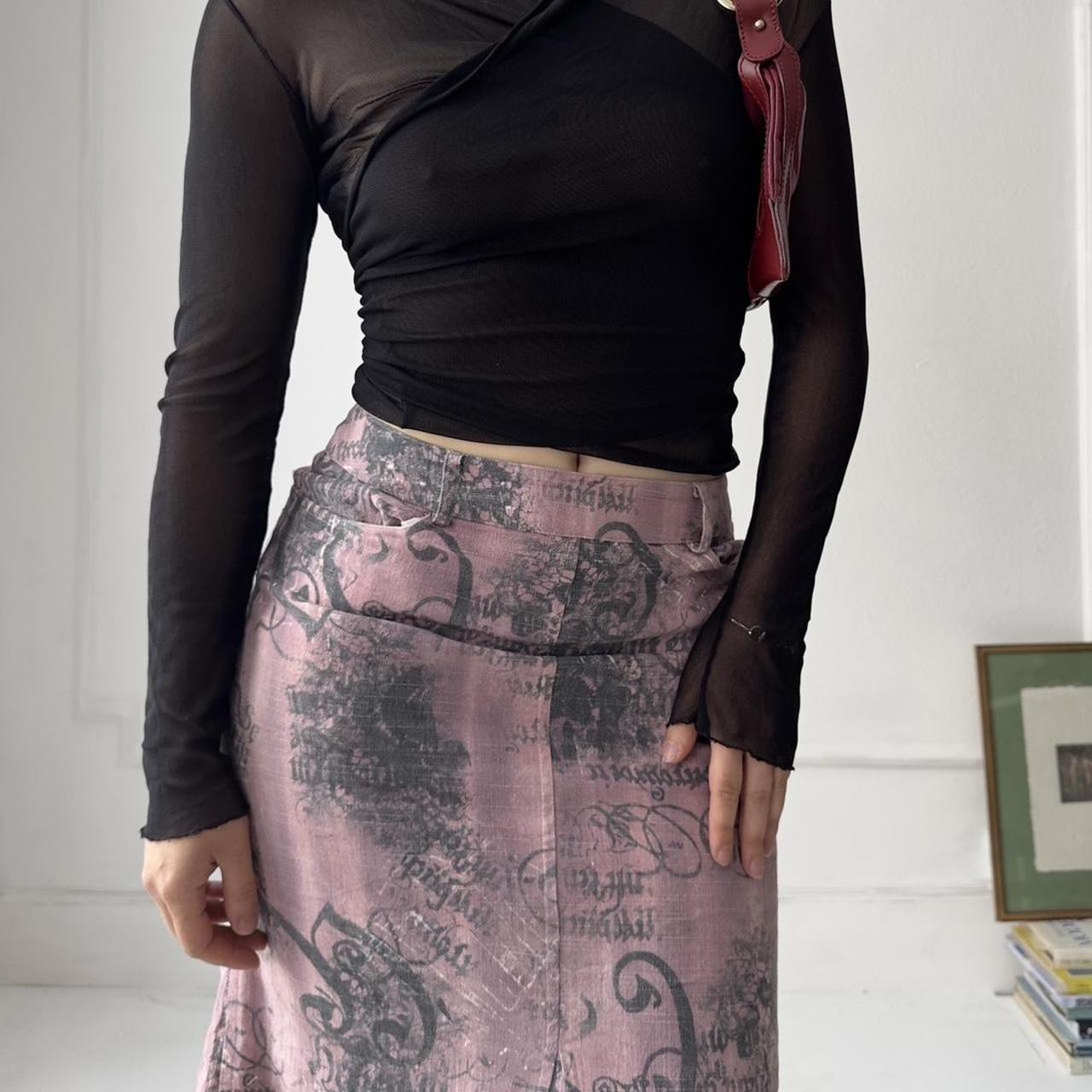 y2k long denim midi skirt with abstract text print