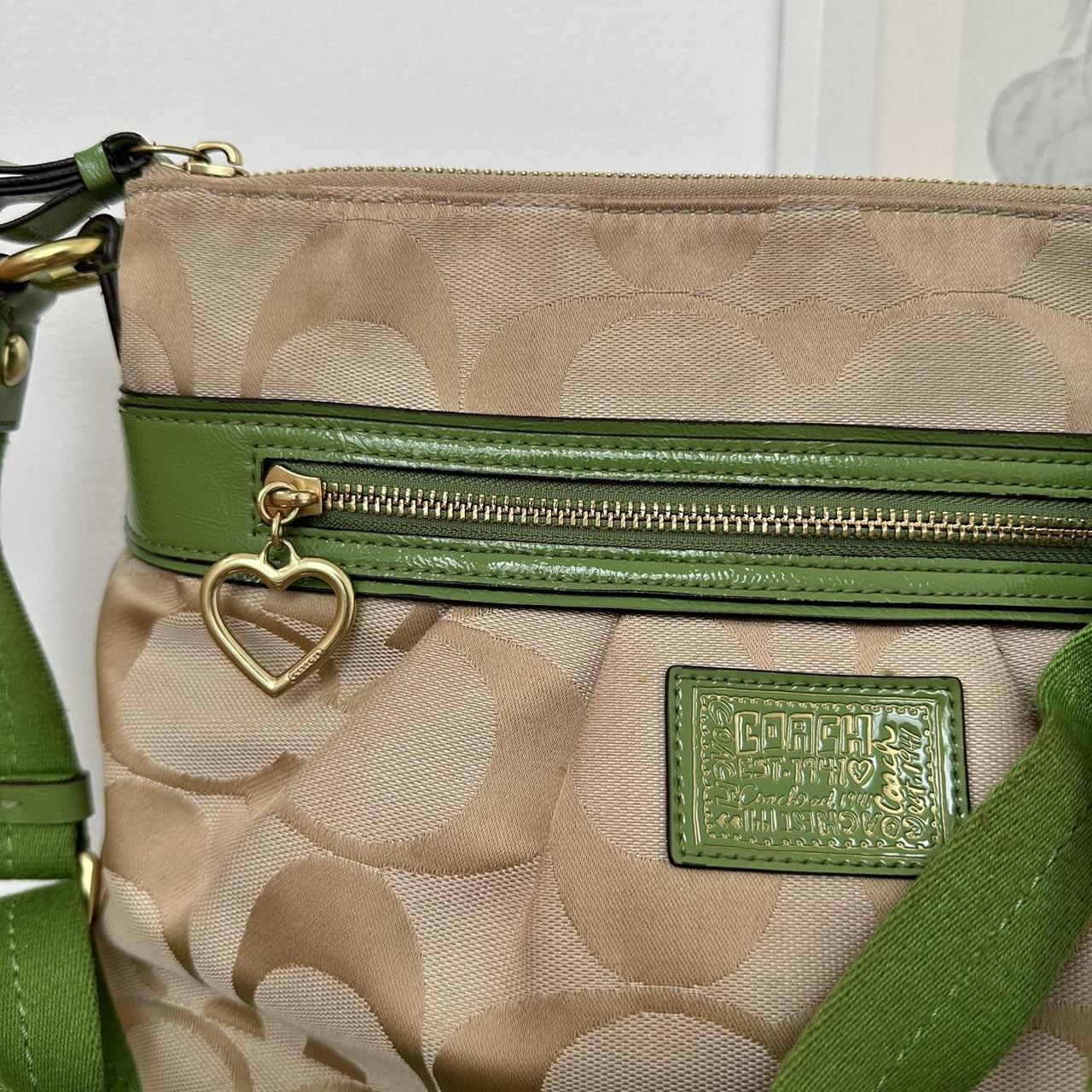 Vintage tan and green Coach monogram crossbody bag with fabric strap and faux leather trims