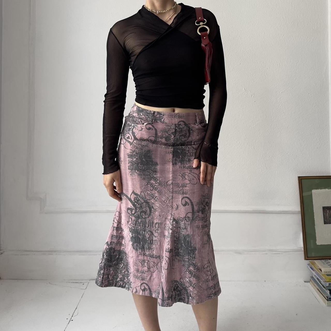 y2k long denim midi skirt with abstract text print