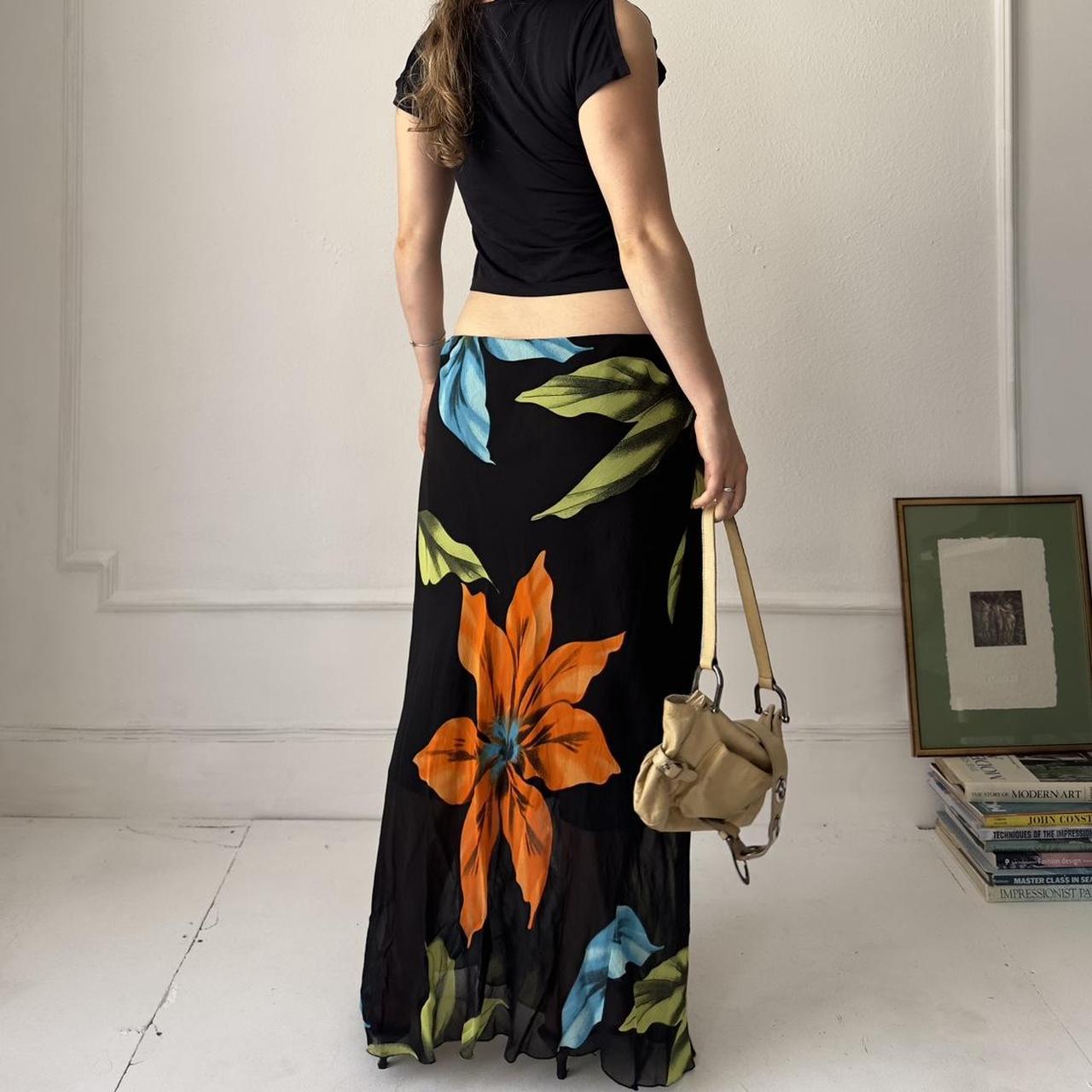 Y2k chiffon overlay tropical orange and blue print maxi skirt