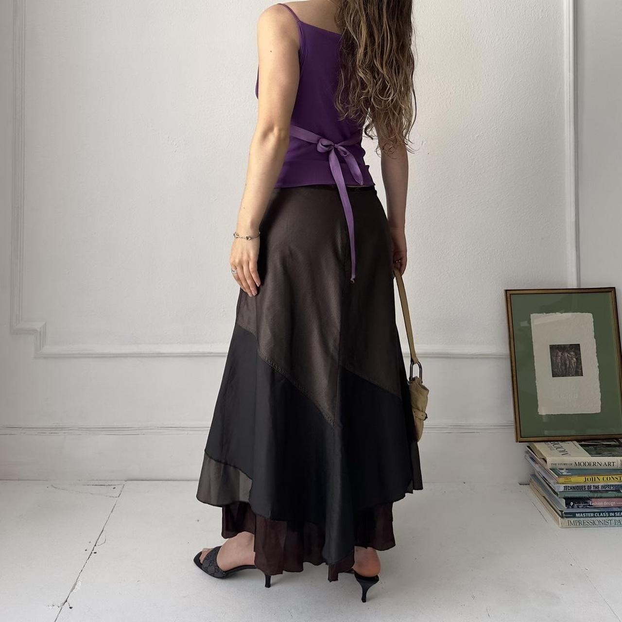 Y2k brown shiny layered tired maxi skirt