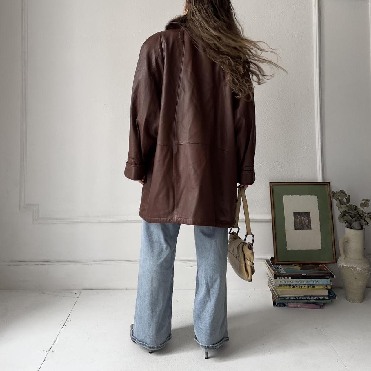 Vintage brown long leather jacket with fur collar