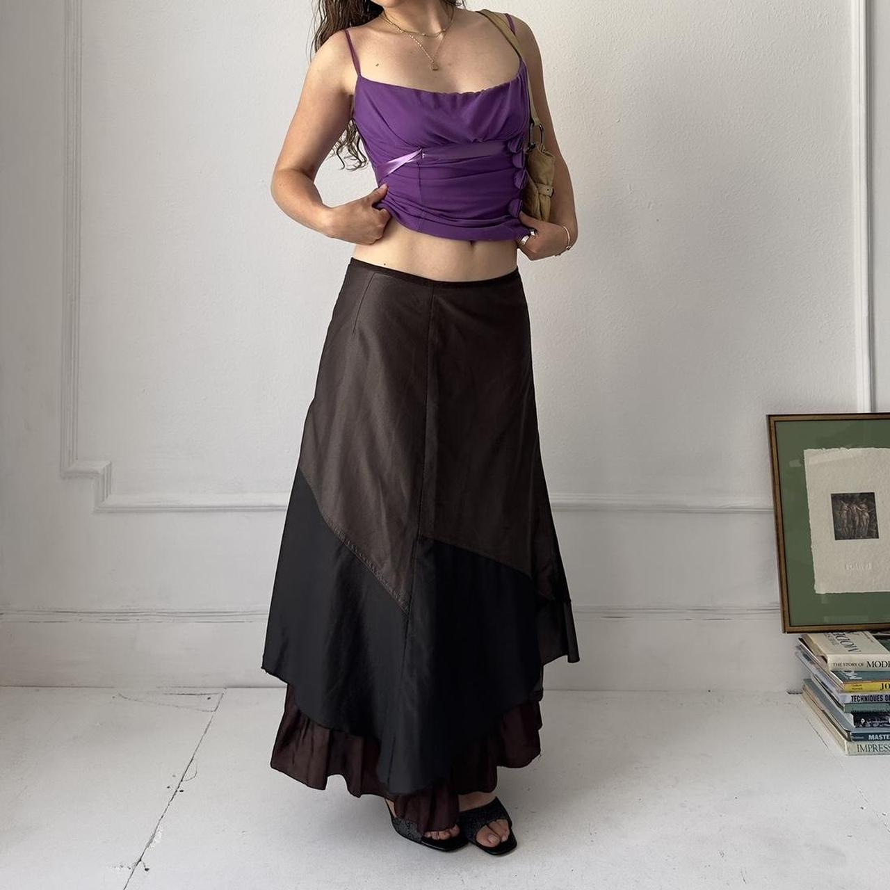 Y2k brown shiny layered tired maxi skirt