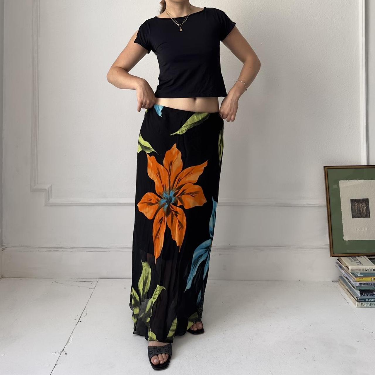 Y2k chiffon overlay tropical orange and blue print maxi skirt