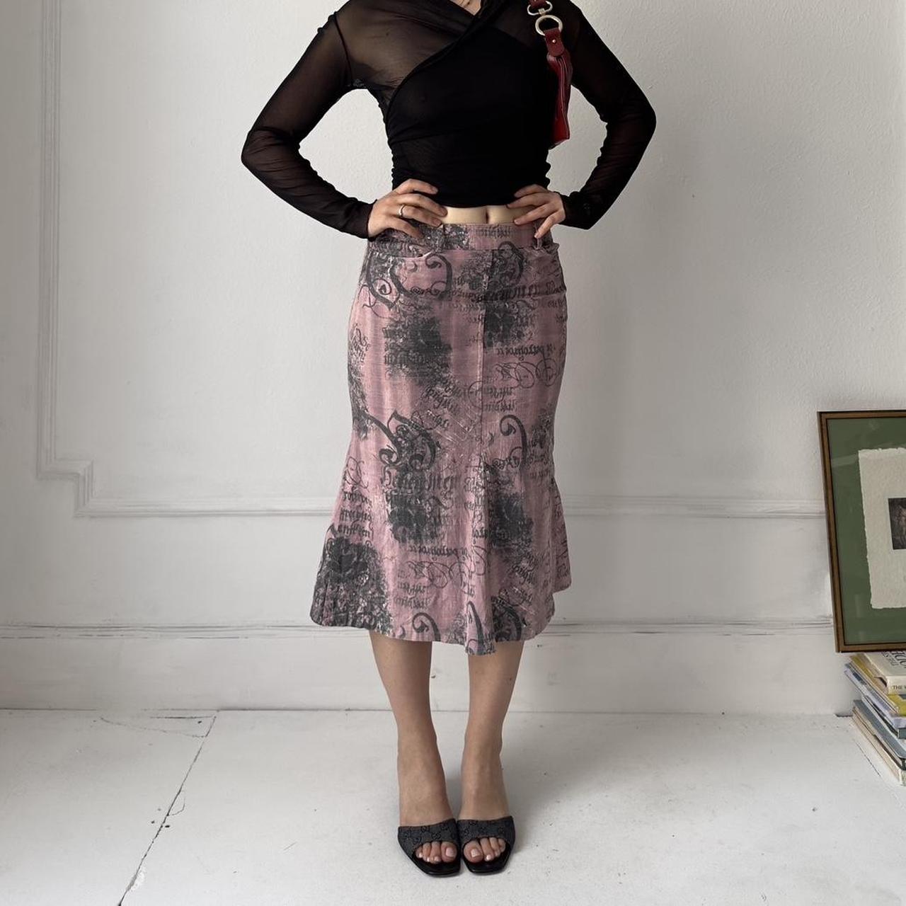 y2k long denim midi skirt with abstract text print