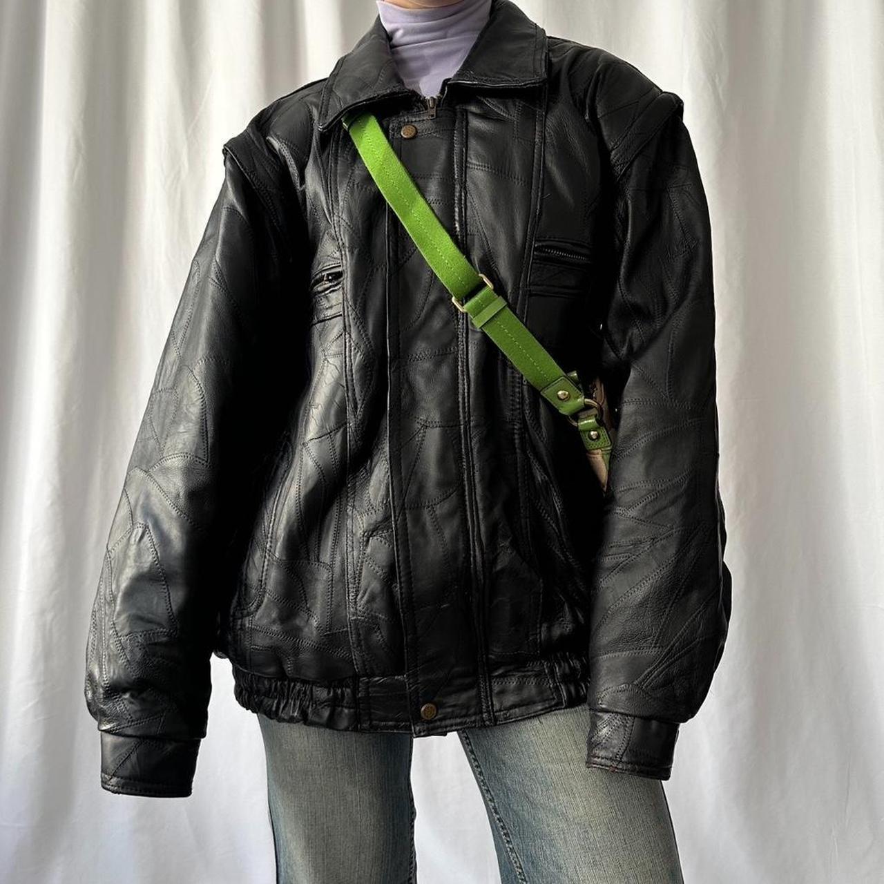 90s black genuine leather zip up bomber jacket