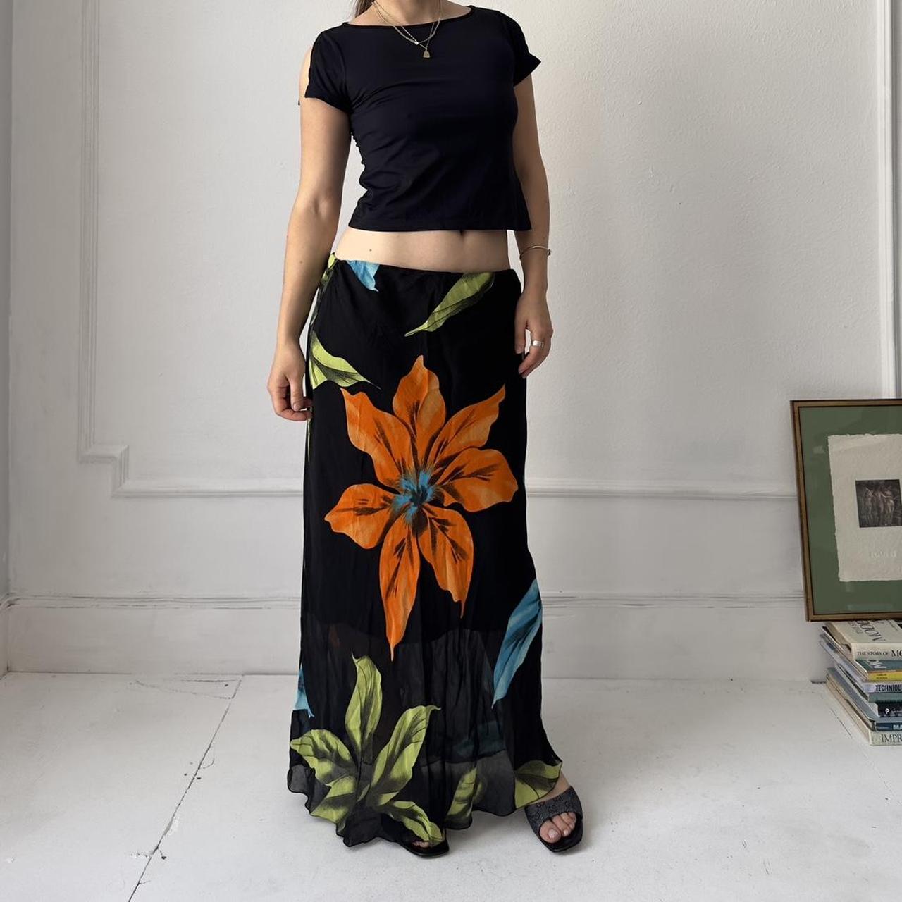 Y2k chiffon overlay tropical orange and blue print maxi skirt