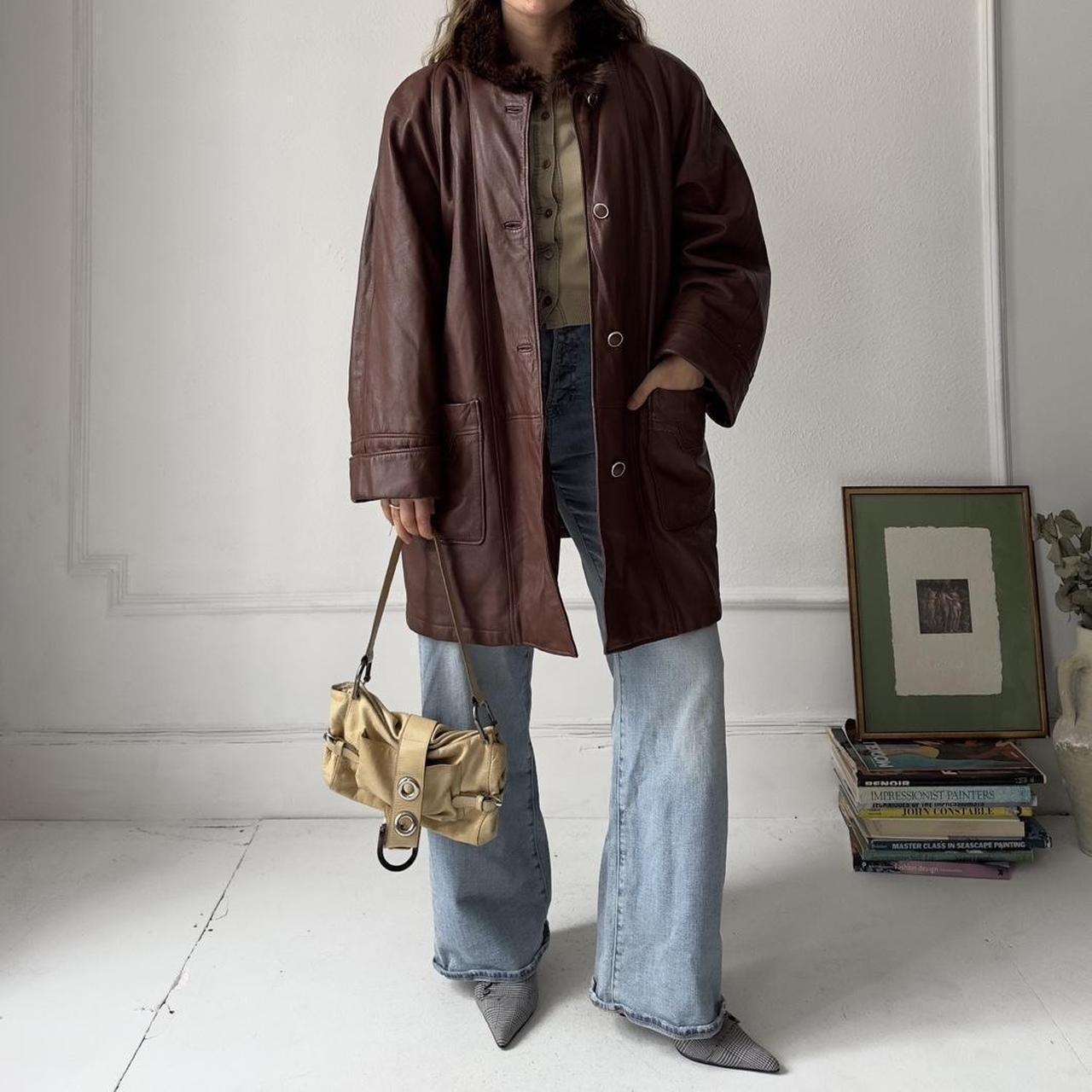 Vintage brown long leather jacket with fur collar