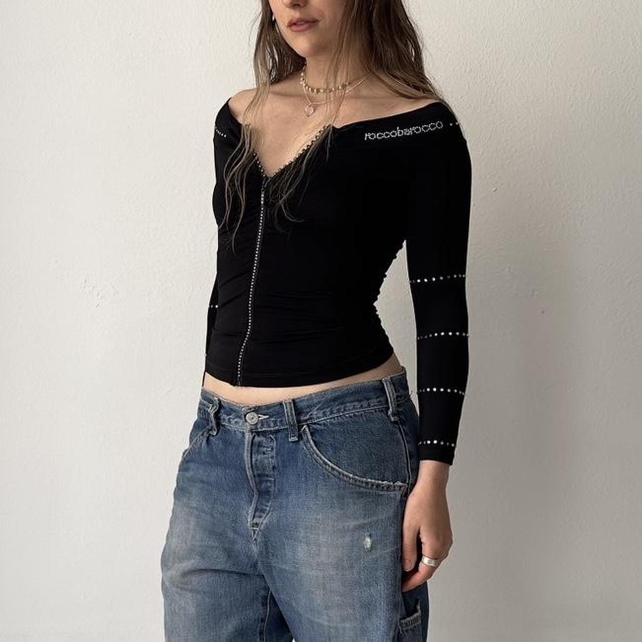 Vintage roccobarocco zip up slash neck top