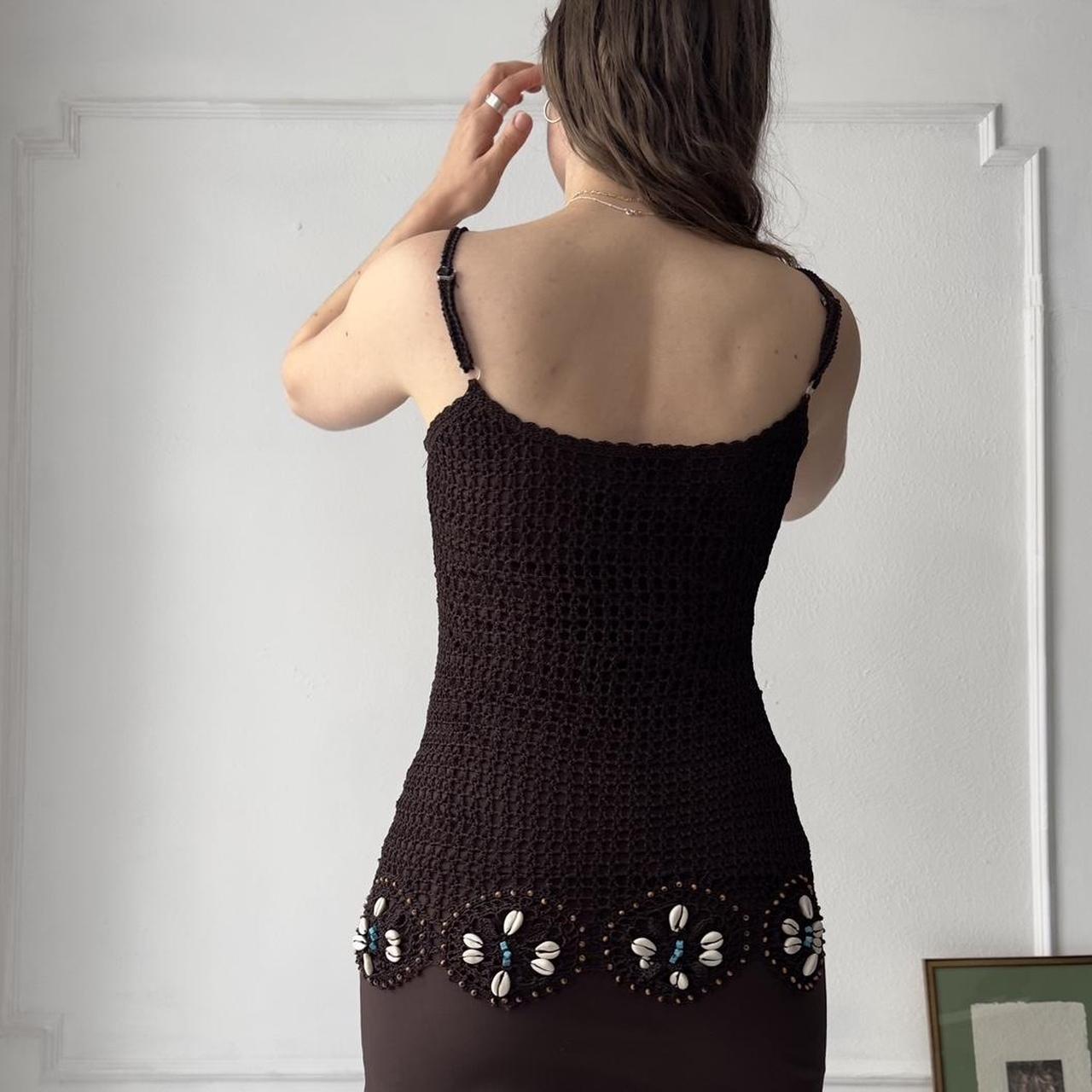 Y2k crochet brown cami with beaded, shell, turquoise details