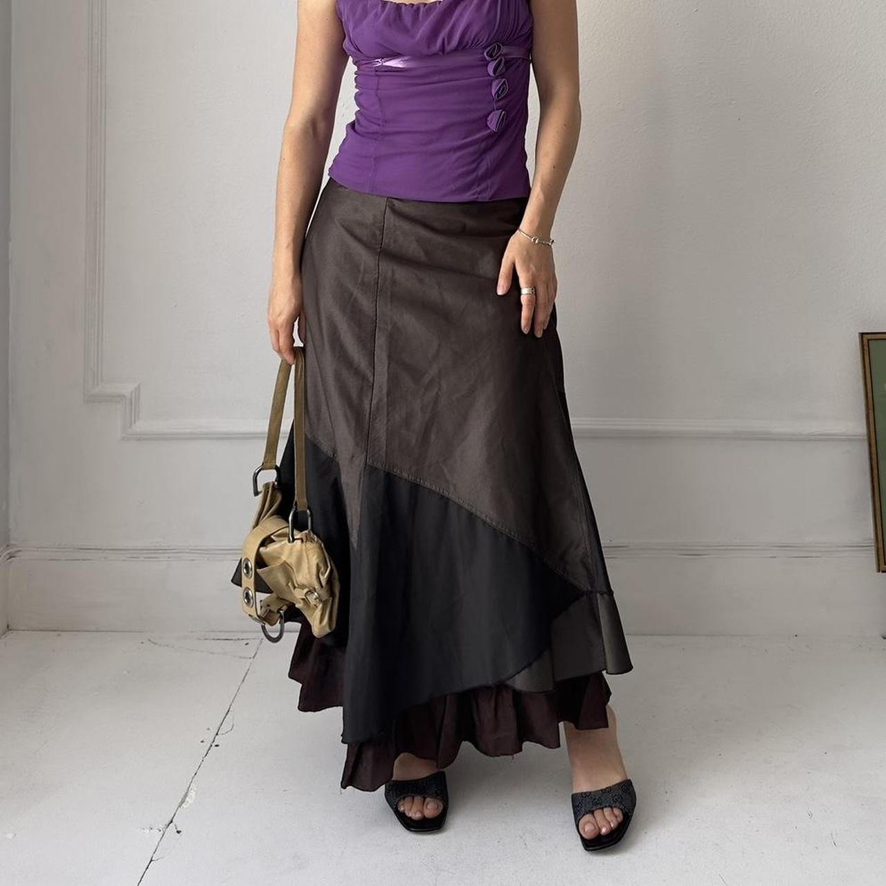 Y2k brown shiny layered tired maxi skirt