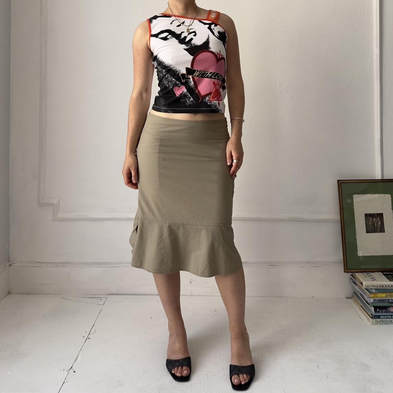 Y2k beige long midi cargo skirt with utility pockets