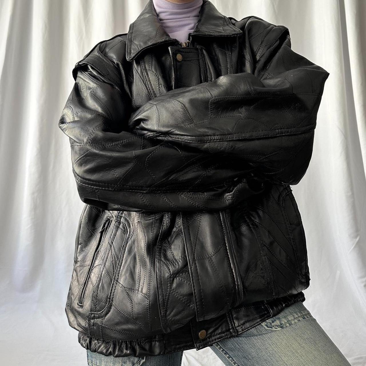 90s black genuine leather zip up bomber jacket