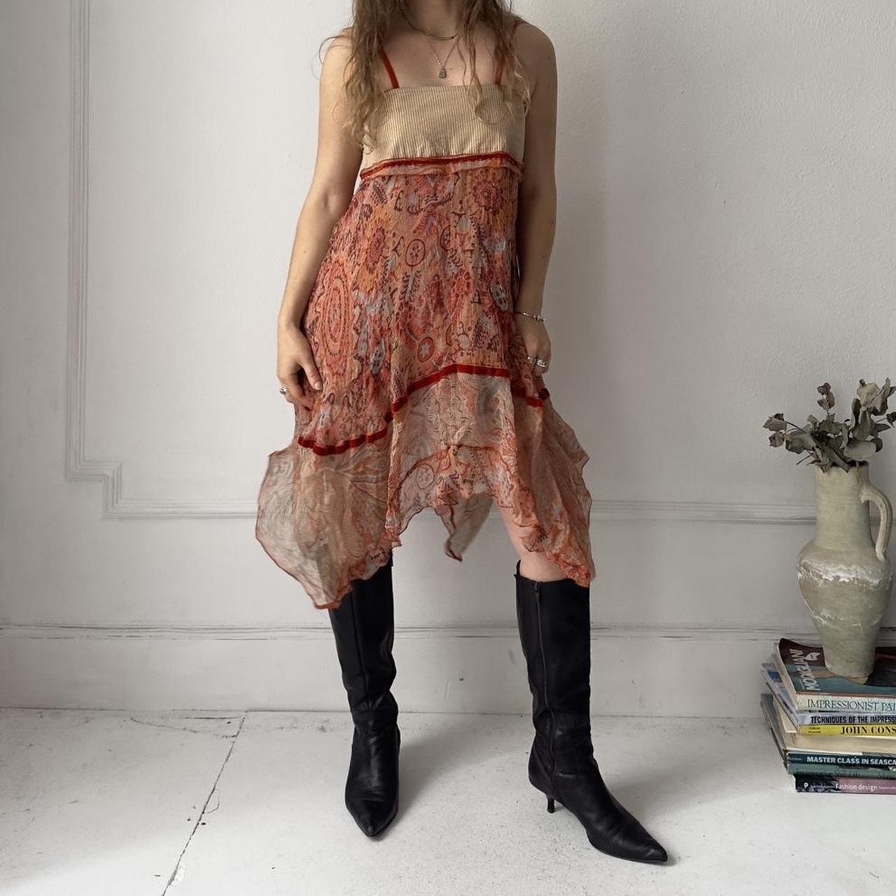 Italian vintage silk orange print dress with jagged hem