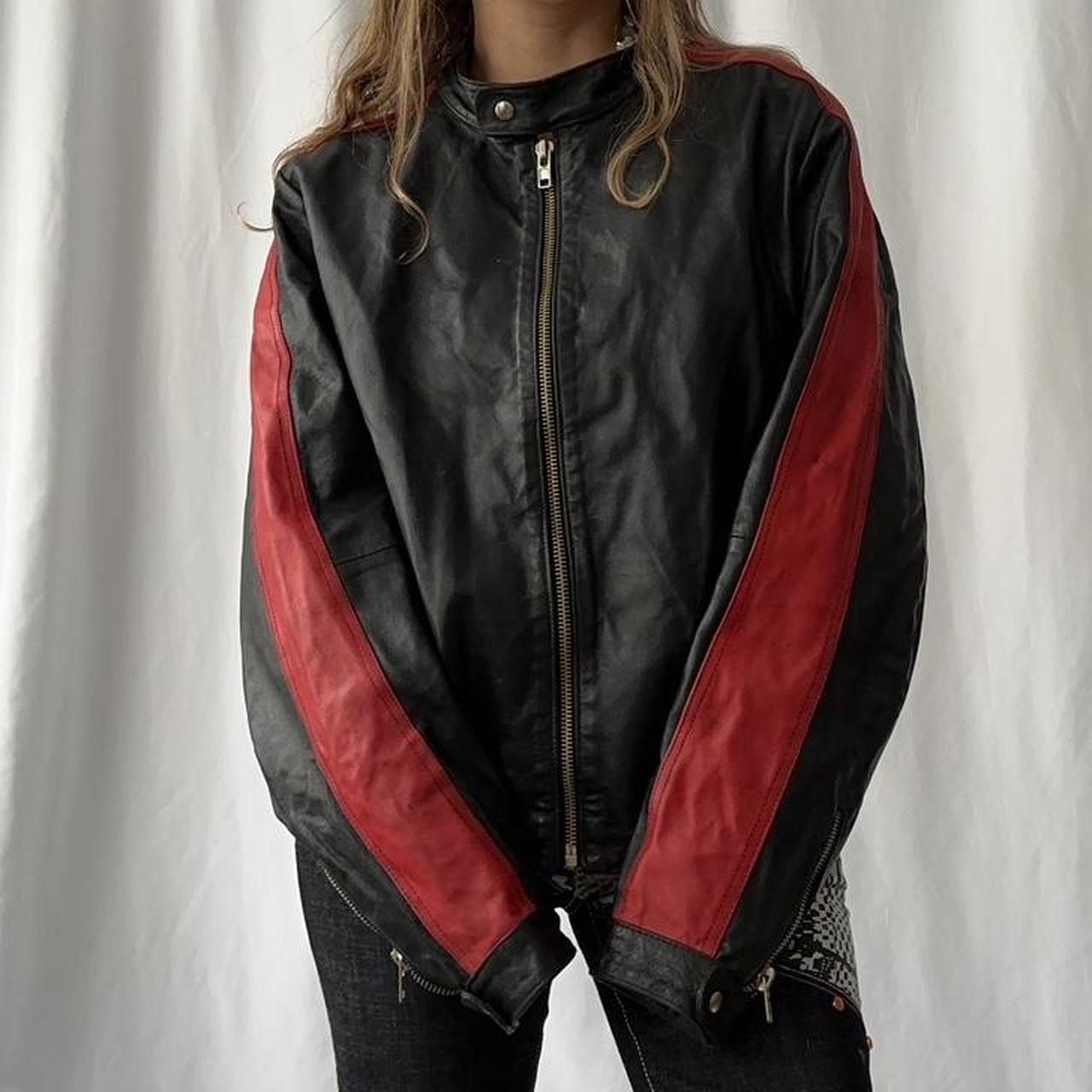 vintage black and red genuine leather biker / racing moto jacket